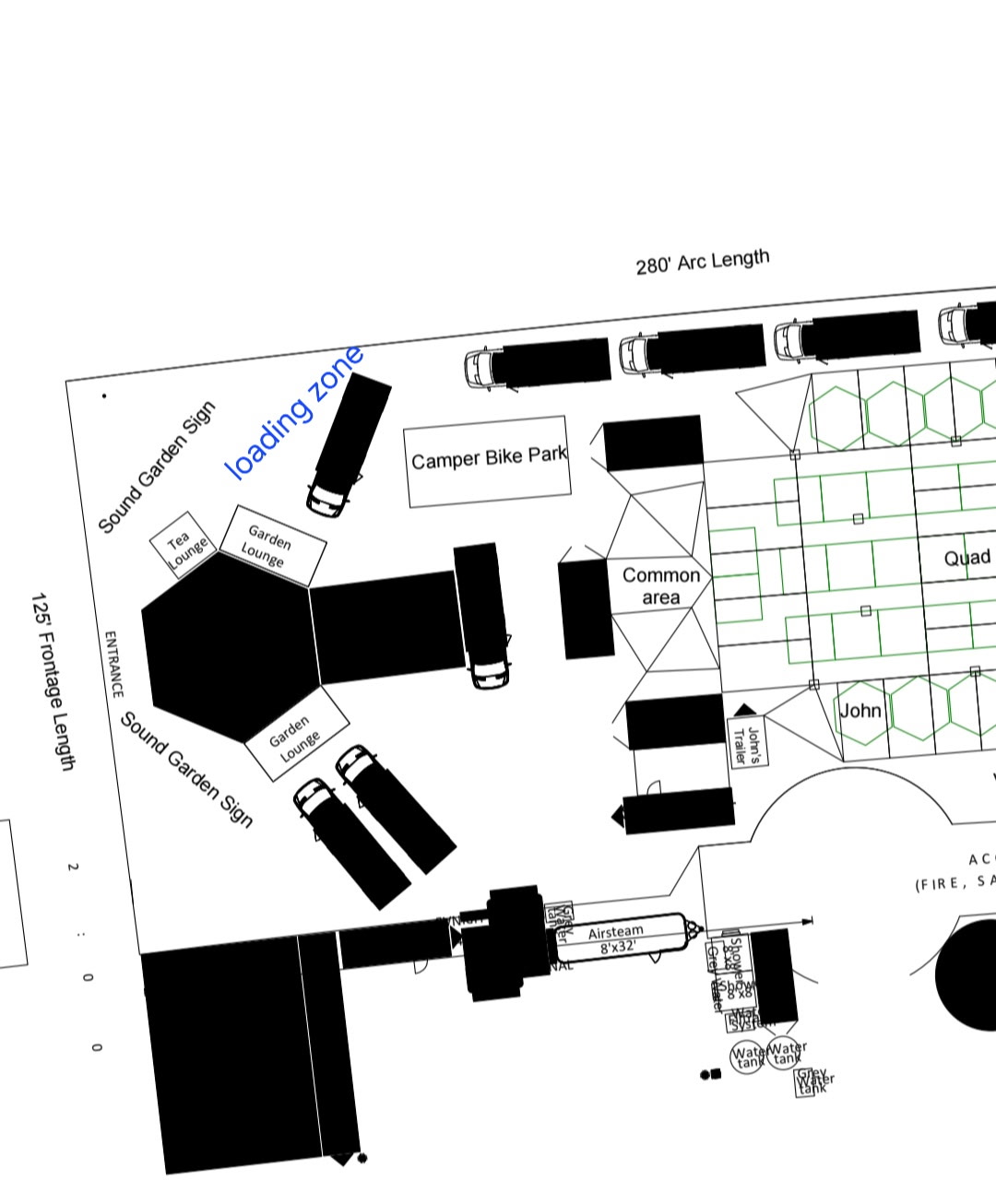 Camp map showing the loading zone at the front of The Sound Garden
